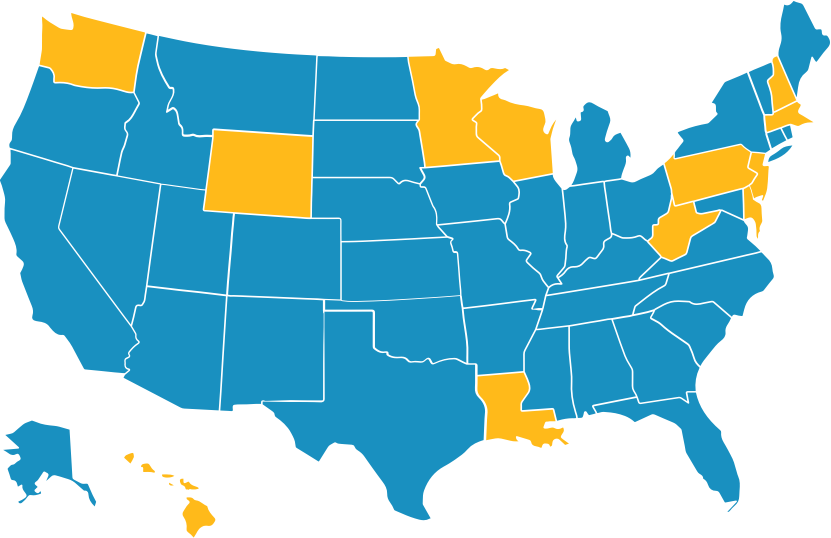 USA map with selected sites higlighted in yellow