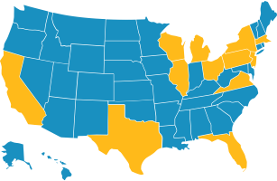 USA map with selected sites higlighted in yellow