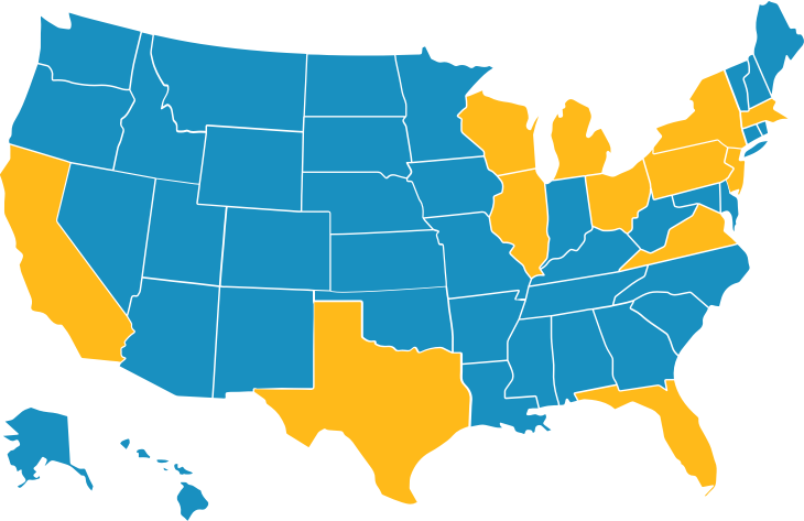 USA map with selected sites higlighted in yellow