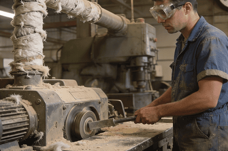 A worker in safety goggles operates a lathe in a factory, focused on shaping a metal piece.